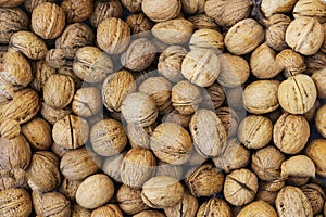 Natural walnut background pattern texture Abstract walnuts heap pattern background Blurred edges frame Natural food in-shell nuts