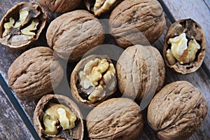 Natural walnut fruit in a hard brown shell