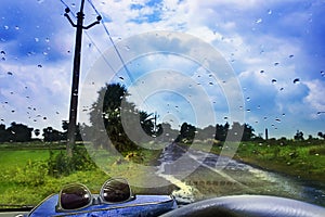 Natural water drop background.CAR Window glass with condensation