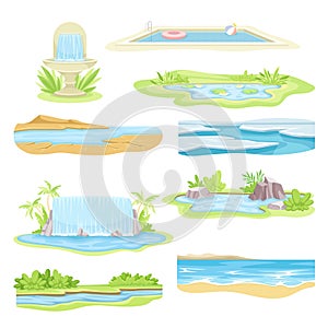 Natural Water Landscape with Flowing River Stream, Waterfall, Pond and Fountain Vector Set