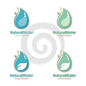 Natural Water logo design with water drop and leaf illustration