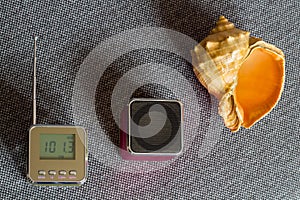 Natural wave. Portable radio receiver, mp3 player and Seashell.