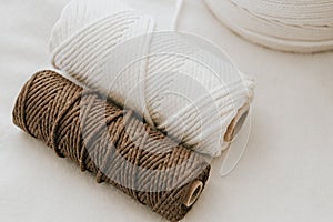 Natural White and Brown Macrame Cord on soft white blanket