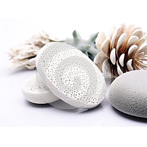 Natural white pumice stone for skin exfoliation. Pumice stone in bath concept.