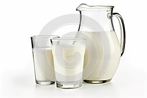 Natural Whole Milk: Milk Jugs and Glasses Isolated on White Background. created with Generative AI