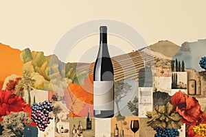 Natural wine is demonstrated in collage-style image, which shows dark bottle of wine against the backdrop of various vineyards and