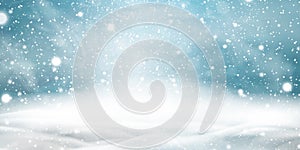 Natural Winter Christmas background with blue sky, heavy snowfall, snowflakes in different shapes and forms, snowdrifts