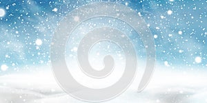 Natural Winter Christmas background with blue sky, heavy snowfall, snowflakes in different shapes and forms, snowdrifts