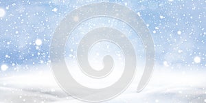 Natural Winter Christmas background with blue sky, heavy snowfall, snowflakes in different shapes and forms, snowdrifts