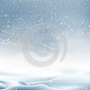 Natural Winter Christmas background with blue sky, heavy snowfall, snowflakes in different shapes and forms, snowdrifts. Winter