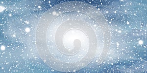 Natural Winter Christmas background with blue sky, heavy snowfall, snowflakes in different shapes and forms, snowdrifts. Winter