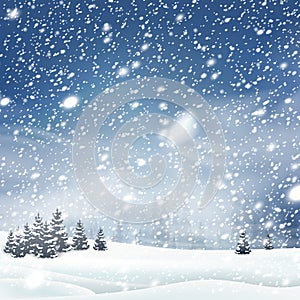 Natural Winter Christmas background with blue sky, heavy snowfall, snowflakes in different shapes and forms, snowdrifts. Winter