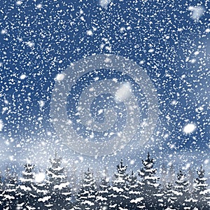 Natural Winter Christmas background with blue sky, heavy snowfall, snowflakes in different shapes and forms, snowdrifts. Winter