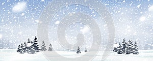 Natural Winter Christmas background with blue sky, heavy snowfall, snowflakes in different shapes and forms, snowdrifts. Winter