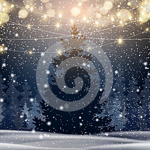 Natural Winter Christmas background with blue sky, heavy snowfall, snowflakes in different shapes and forms, snowdrifts. Winter