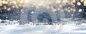 Natural Winter Christmas background with blue sky, heavy snowfall, snowflakes in different shapes and forms, snowdrifts. Winter