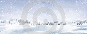 Natural Winter Christmas background with blue sky, heavy snowfall, snowflakes in different shapes and forms, snowdrifts. Winter