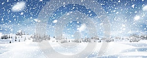 Natural Winter Christmas background with blue sky, heavy snowfall, snowflakes in different shapes and forms, snowdrifts. Winter