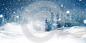 Natural Winter Christmas background with night, heavy snowfall, snowflakes, snowy coniferous forest, snowdrifts. Winter