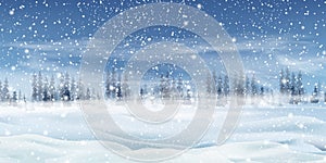 Natural Winter Christmas background with sky, heavy snowfall, snowflakes in different shapes and forms, snowdrifts