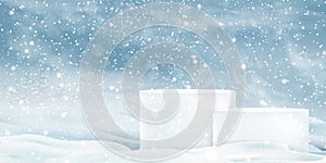 Natural Winter Christmas background with sky, snowfall, snowflakes, snowdrifts. Winter landscape with falling snow and