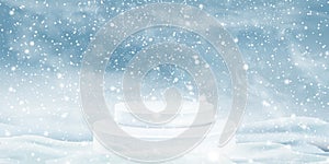 Natural Winter Christmas background with sky, snowfall, snowflakes, snowdrifts. Winter landscape with falling snow and