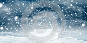 Natural Winter Christmas background with sky, snowfall, snowflakes, snowdrifts. Winter landscape with falling snow and