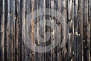Natural wood background. Old dark brown wooden wall, wood texture background, fence near house. Lumber, vintage building, floor