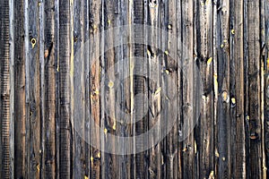 Natural wood background. Old vintage brown wooden wall, wood texture, fence near house. Lumber, ancient building, floor