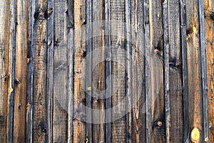 Natural wood background. Old vintage brown wooden wall, wood texture, fence near house. Lumber, ancient building, floor