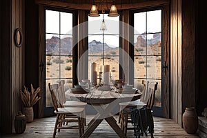 natural wood dining room with rustic table and chairs, candle centerpiece, and view of the outdoors