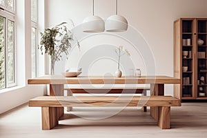 Natural wood furniture in minimalist dining room. Scandinavian style home interior design of modern living room