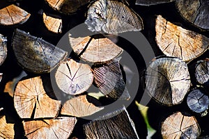 Natural wooden background, closeup of chopped firewood. Firewood stacked and prepared for winter Pile of wood logs