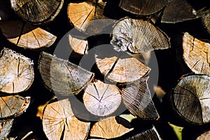 Natural wooden background, closeup of chopped firewood. Firewood stacked and prepared for winter Pile of wood logs