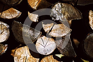 Natural wooden background, closeup of chopped firewood. Firewood stacked and prepared for winter Pile of wood logs