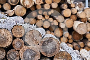 Natural wooden background - closeup of chopped firewood. Firewood stacked and prepared for winter Pile of wood logs