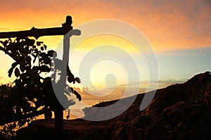 Abstract nature background with beautiful evening sunset sky cloud colors, plants and wooden fence silhouette.
