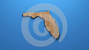 Natural Wooden Florida Map Logo - A Carved Wood Silhouette of Florida State on a Crisp Blue Background Evoking Rustic