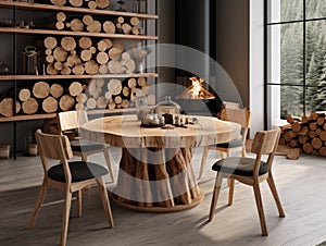 Natural wooden log round dining table and chairs near it. Interior design of modern living or dining room