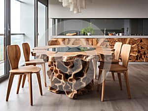 Natural wooden log round dining table and chairs near it. Interior design of modern living or dining room