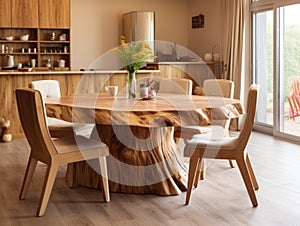 Natural wooden log round dining table and chairs near it. Interior design of modern living or dining room