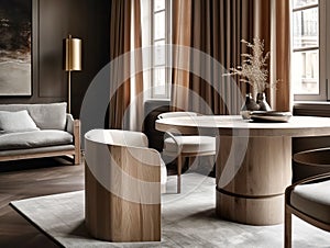 Natural wooden log round dining table and chairs near it. Interior design of modern living or dining room. Created with generative