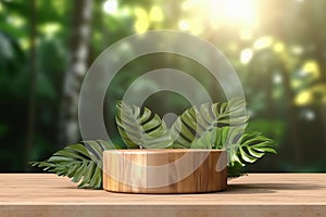 Natural Wooden Product Stand in Lush Forest