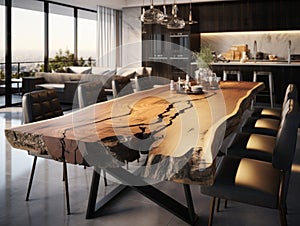 Natural wooden slab dining table and chairs near it. Interior design of modern living or dining room
