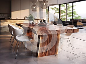 Natural wooden slab dining table and chairs near it. Interior design of modern living or dining room