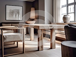 Natural wooden slab dining table and chairs near it. Interior design of modern living or dining room. Created with generative AI