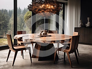 Natural wooden slab round dining table and chairs near it. Interior design of modern living or dining room