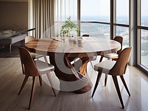 Natural wooden slab round dining table and chairs near it. Interior design of modern living or dining room