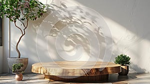 Natural Wooden Table Counter with Beautiful Wood Grain for Luxury Cosmetic Skincare Product Display