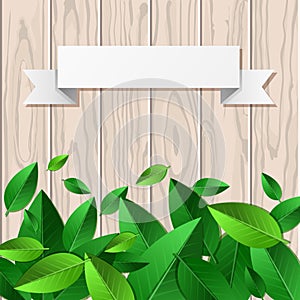 Natural wooden texture background, green leaves and white paper